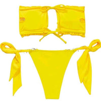 Chain Linked Ruched Frill Bandeau Bikini Swimsuit - M