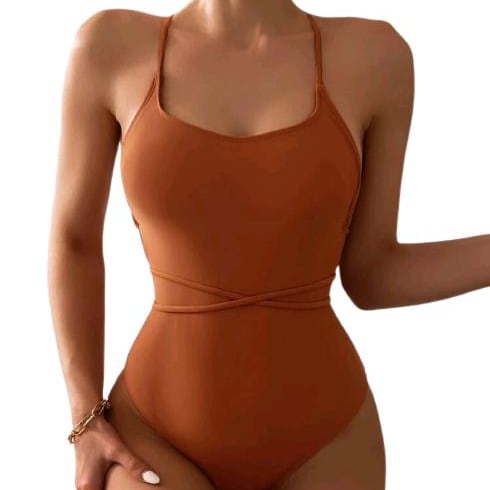 Solid Tie Back One Piece Swimsuit - S