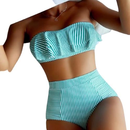 Striped Ruffle Bandeau Bikini Swimsuit - Small